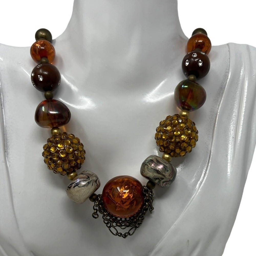 Boho Necklace Gold Clear Rhinestones Orange Brown‎ Beads Statement